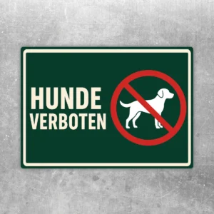 Hunde verboten Aufkleber im Querformat mit rotem Verbotssymbol und weißem Hund auf dunkelgrünem Hintergrund.