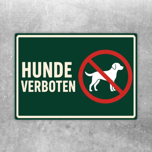 Hunde verboten Aufkleber im Querformat mit rotem Verbotssymbol und weißem Hund auf dunkelgrünem Hintergrund.