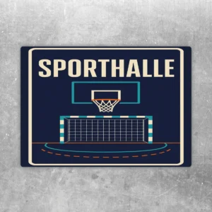 Sporthalle Aufkleber mit Basketballmotiv, Hallenlinien und kontrastreicher Farbgestaltung für Schule, Verein und Eingang.