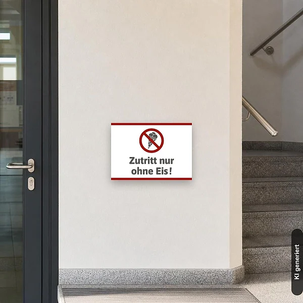 KI-generiertes Anwendungsbeispiel für Schild Zutritt nur ohne Eis: Schild klein und realistisch am passenden Einsatzort dargestellt.