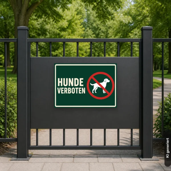 KI-generiertes Anwendungsbeispiel: Querformat-Hinweisschild „HUNDE VERBOTEN“ mit rotem Verbotszeichen für einen klar gekennzeichneten Eingangsbereich.