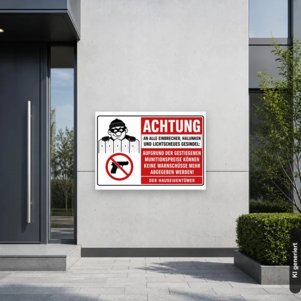 KI-generiertes Anwendungsbeispiel: Humorvolles Achtung Einbrecher Schild an einem Hauszaun, mit maskierter Figur und rotem Warnlayout.