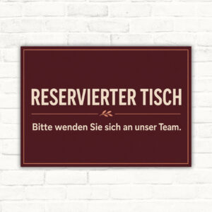 Reservierter Tisch Schild mit Wortlaut „Bitte wenden Sie sich an unser Team.“ und gedecktem Tisch im Querformat.