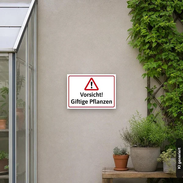 KI-generiertes Anwendungsbeispiel für Schild Vorsicht! Giftige Pflanzen: Schild klein und realistisch am passenden Einsatzort dargestellt.