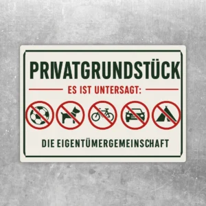 Privatgrundstück Verbotsschild Aufkleber mit Verbotspiktogrammen für Ball, Hund, Fahrrad, Auto und Camping in Grün und Rot.