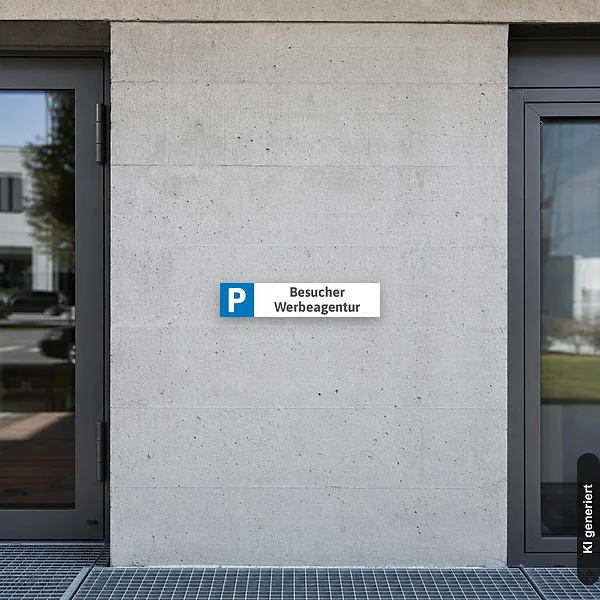 KI-generiertes Anwendungsbeispiel für Schild Parkplatzschild Kennzeichenschild Besucher Werbeagentur: Schild klein und realistisch am passenden Einsatzort dargestellt.
