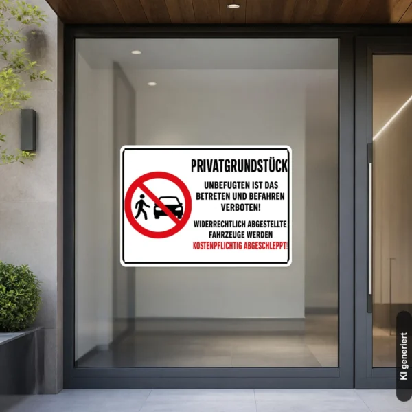 KI-generiertes Anwendungsbeispiel: Abschlepphinweis für Privatgrundstück Aufkleber an einer Zufahrt mit deutlicher Verbotswirkung.
