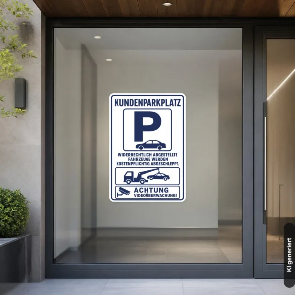 KI-generiertes Anwendungsbeispiel: Kundenparkplatz Aufkleber mit Videoüberwachung und Abschlepphinweis an einer Zufahrt in Blau und Weiß