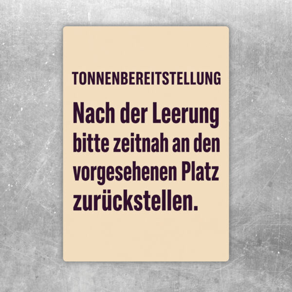 Tonnenbereitstellung Aufkleber mit Hinweis zum Zurückstellen geleerter Mülltonnen an den vorgesehenen Platz.