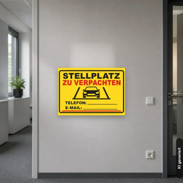 KI-generiertes Anwendungsbeispiel: Gelbes Stellplatz zu verpachten Schild im Querformat mit Autosymbol und Kontaktfeldern für Telefon und E-Mail.