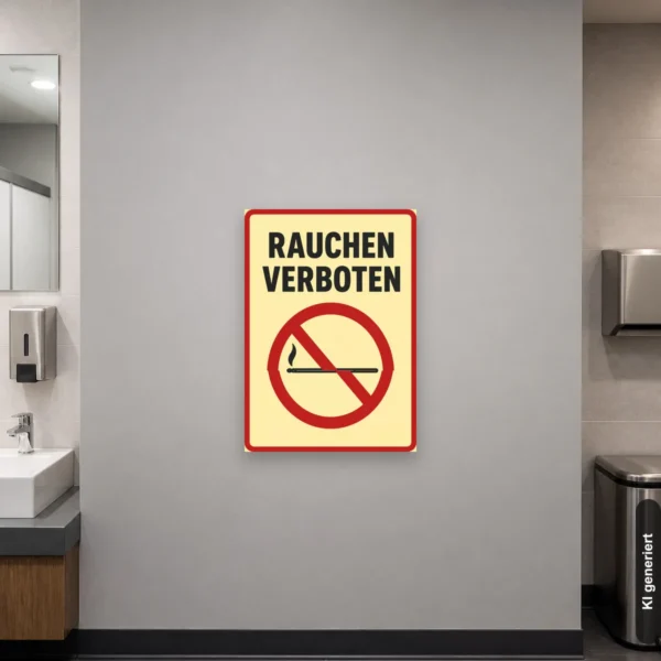 KI-generiertes Anwendungsbeispiel: Rauchen verboten Schild mit Rauchersymbol am passenden Einsatzort mit gut sichtbarem Motiv und klarer Beschriftung.