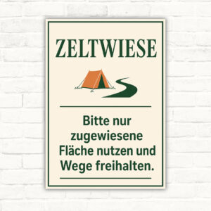 Zeltwiese Schild – Zugewiesene Fläche nutzen und Wege freihalten mit gut lesbarem Motiv und klarer Beschriftung als bedrucktes Schild aus Aluminium-Verbundplatte.