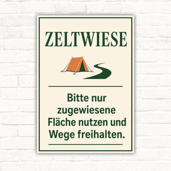 Zeltwiese Schild – Zugewiesene Fläche nutzen und Wege freihalten mit gut lesbarem Motiv und klarer Beschriftung als bedrucktes Schild aus Aluminium-Verbundplatte.