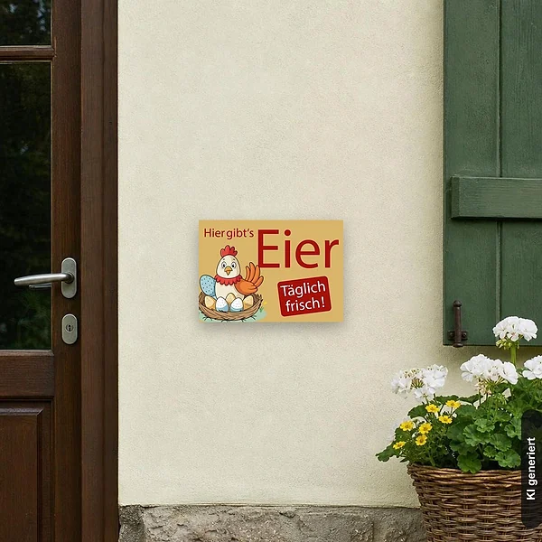 KI-generiertes Anwendungsbeispiel für Schild Hier gibts Eier - täglich frisch: Schild klein und realistisch am passenden Einsatzort dargestellt.