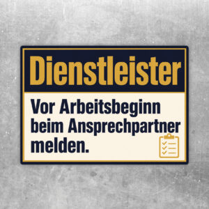 Dienstleister anmelden Aufkleber im Querformat mit Vintage-Büromotiv und Hinweis zur Meldung vor Arbeitsbeginn.