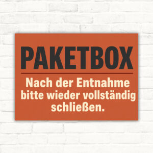 Paketbox Schild „Nach der Entnahme bitte vollständig schließen“ Querformat mit gut lesbarem Motiv und klarer Beschriftung als bedrucktes Schild aus Aluminium-Verbundplatte.