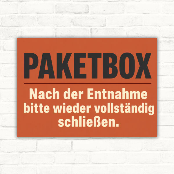 Paketbox Schild „Nach der Entnahme bitte vollständig schließen“ Querformat mit gut lesbarem Motiv und klarer Beschriftung als bedrucktes Schild aus Aluminium-Verbundplatte.