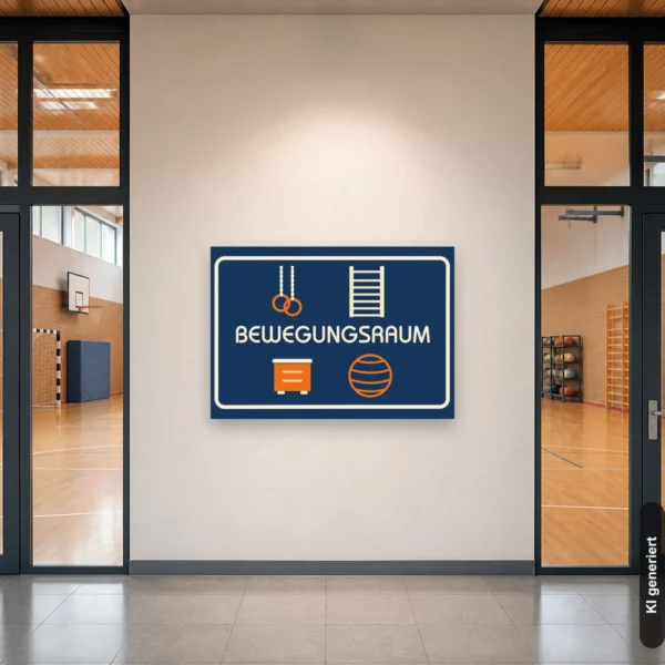 KI-generiertes Anwendungsbeispiel: Bewegungsraum Schild an der Tür eines Kita-Turnraums mit klar lesbarem Motiv und Symbolen für Bewegung.