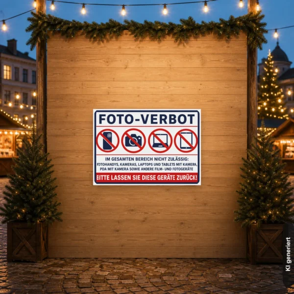 KI-generiertes Anwendungsbeispiel: Foto-Verbot für Geräte Schild an einem Eingang mit Handy-, Kamera- und Tablet-Verbot.