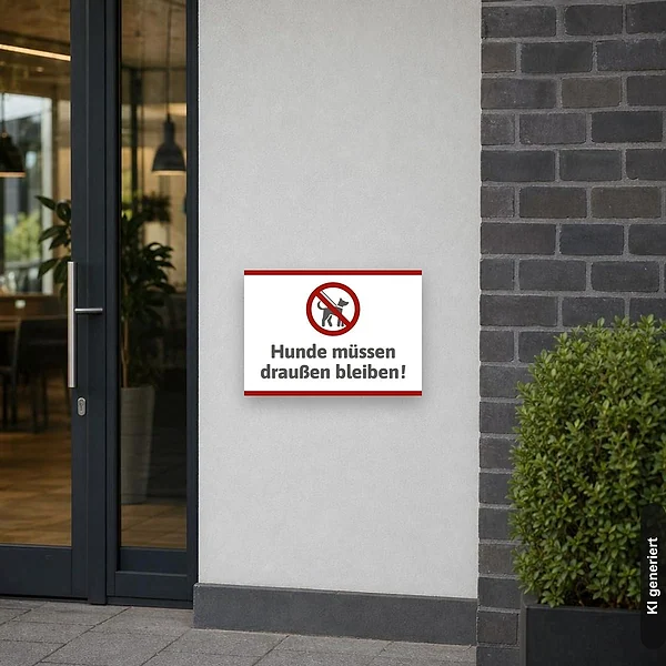 KI-generiertes Anwendungsbeispiel für Schild Hunde müssen draussen bleiben: Schild klein und realistisch am passenden Einsatzort dargestellt.