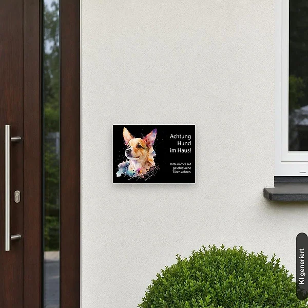 KI-generiertes Anwendungsbeispiel für Schild Achtung Hund im Haus: Schild klein und realistisch am passenden Einsatzort dargestellt.