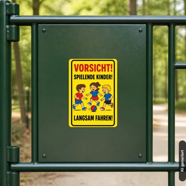 KI-generiertes Anwendungsbeispiel: Vorsicht spielende Kinder Aufkleber an einer Hofeinfahrt, gut sichtbar für vorbeifahrende Besucher.