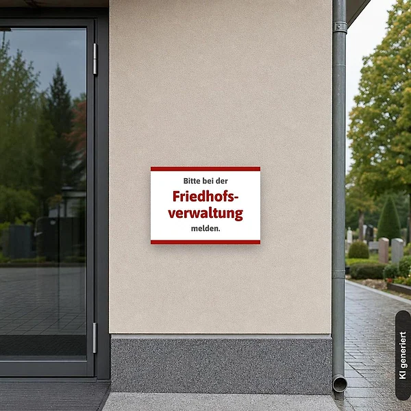 KI-generiertes Anwendungsbeispiel für Hinweisschild Bitte bei der Friedhofsverwaltung melden: Schild klein und realistisch am passenden Einsatzort dargestellt.