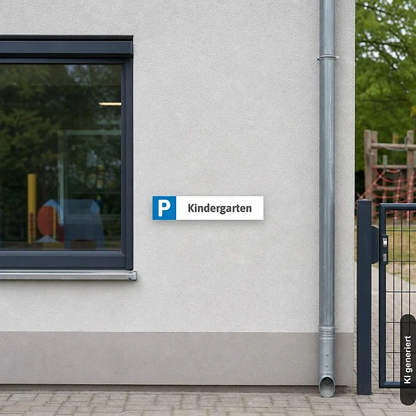KI-generiertes Anwendungsbeispiel für Schild Kindergarten Parkplatz Parkplatzschild Kennzeichenschild: Schild klein und realistisch am passenden Einsatzort dargestellt.