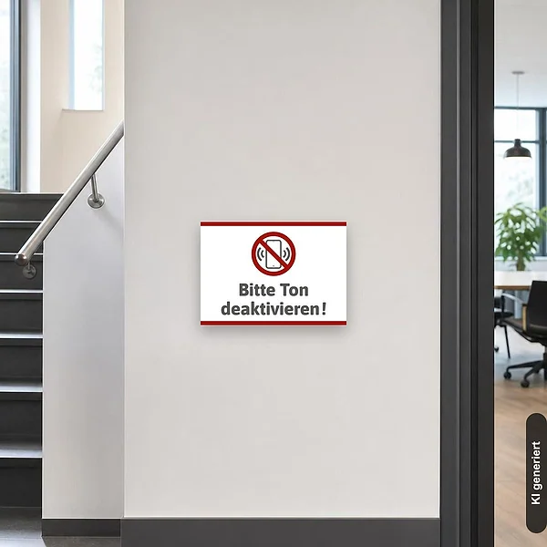 KI-generiertes Anwendungsbeispiel für Schild Bitte Ton deaktivieren: Schild klein und realistisch am passenden Einsatzort dargestellt.