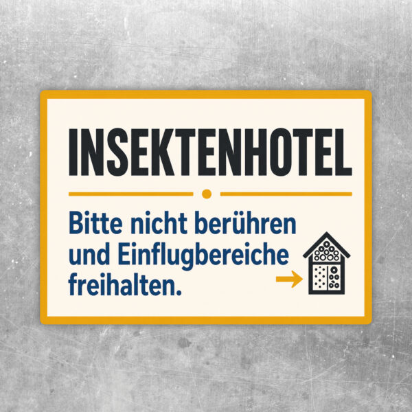 Insektenhotel Aufkleber im Querformat mit Text Bitte nicht berühren und Einflugbereiche freihalten, Bienen und Blumen.