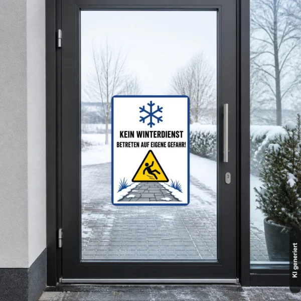 KI-generiertes Anwendungsbeispiel: Warnaufkleber Kein Winterdienst an einer Außentür mit rutschgefährdetem Weg und klarer Winterwarnung.