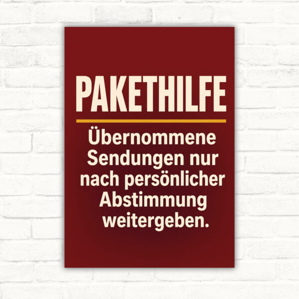 Pakethilfe Schild mit Text „Übernommene Sendungen nur nach persönlicher Abstimmung weitergeben“ und Paketübergabe-Motiv.