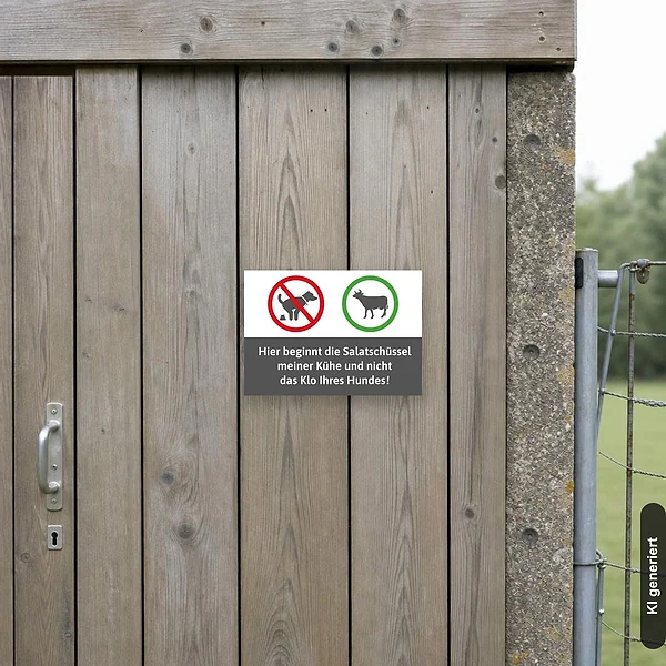 KI-generiertes Anwendungsbeispiel für Schild Hinweis Salatschüssel Kuh - kein Hundeklo: Schild klein und realistisch am passenden Einsatzort dargestellt.