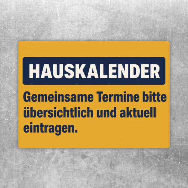 Hauskalender Aufkleber im Querformat mit blauem Titel, Termin-Hinweis und farbiger Kalendergrafik für gemeinsame Planung.