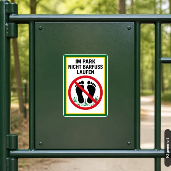 KI-generiertes Anwendungsbeispiel: Im Park nicht barfuß laufen Aufkleber an einem Eingang zu einer Grünfläche mit klarer Warnwirkung.