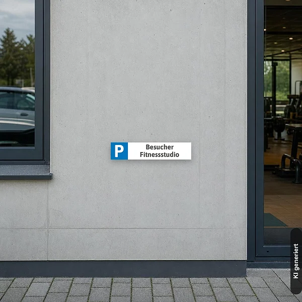 KI-generiertes Anwendungsbeispiel für Schild Parkplatzschild Kennzeichenschild Fitnessstudio: Schild klein und realistisch am passenden Einsatzort dargestellt.