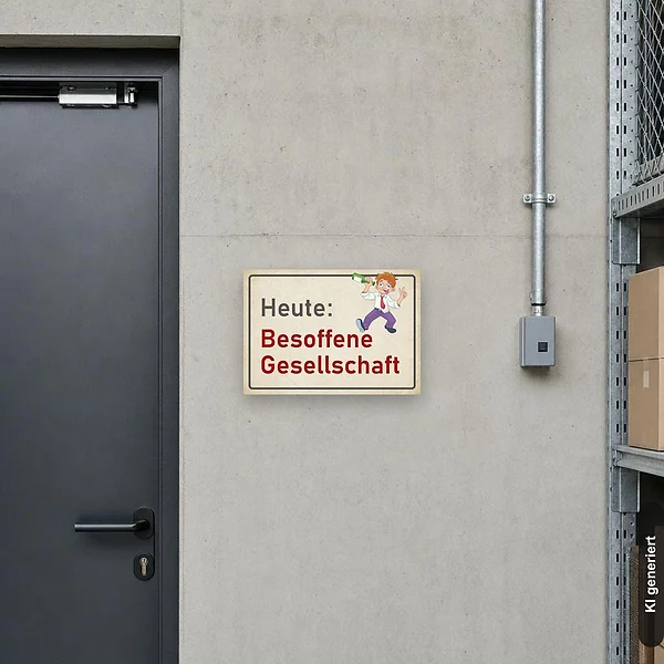 KI-generiertes Anwendungsbeispiel für Schild Saufen Besoffene Gesellschaft Party Alkohol Lustig: Schild klein und realistisch am passenden Einsatzort dargestellt.