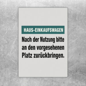 Haus-Einkaufswagen Aufkleber mit Rückgabehinweis, warmer Illustration im Hausflur und Text zum Zurückbringen.