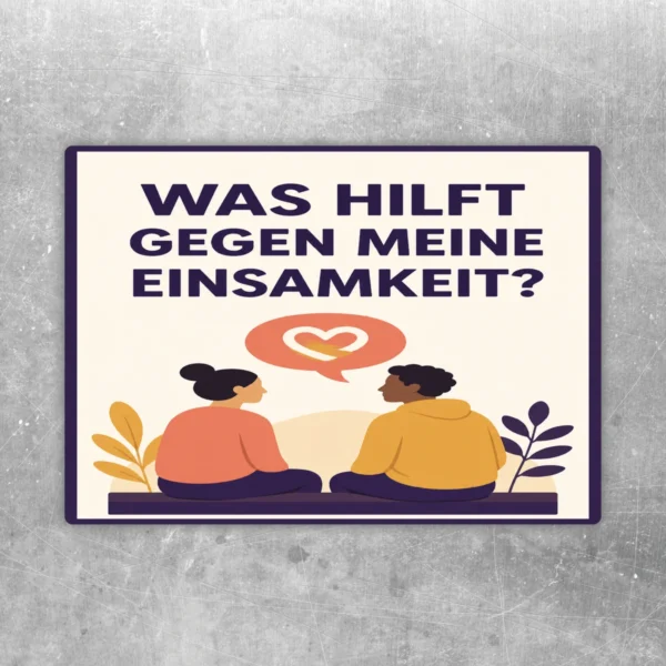 Aufkleber mit Spruch gegen Einsamkeit in Violett, Orange und Gelb mit zwei Figuren und Herzsymbol im Hochformat.
