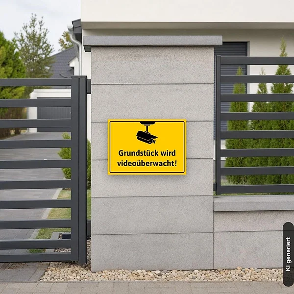 KI-generiertes Anwendungsbeispiel für Schild Grundstück wird videoüberwacht Videoüberwachung: Schild klein und realistisch am passenden Einsatzort dargestellt.