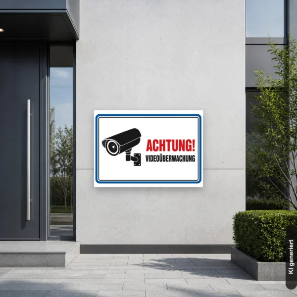 KI-generiertes Anwendungsbeispiel: Achtung Videoüberwachung Schild im Querformat mit Kamerasymbol, für gut sichtbare Kennzeichnung am Eingang.