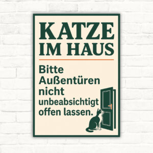 Katze im Haus Schild – Außentüren nicht unbeabsichtigt offen lassen mit gut lesbarem Motiv und klarer Beschriftung als bedrucktes Schild aus Aluminium-Verbundplatte.