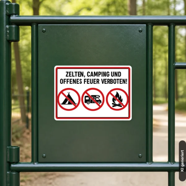 KI-generiertes Anwendungsbeispiel: Offenes Feuer verboten Aufkleber an einem Campingplatz-Eingang mit rotem Verbotsmotiv und klarer Warnwirkung.