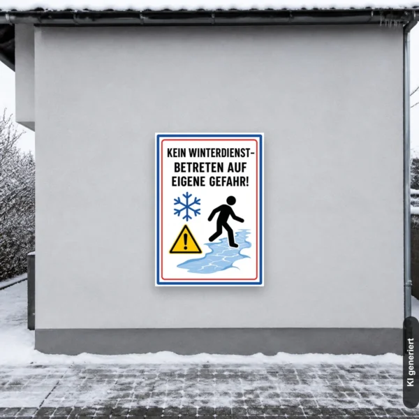 KI-generiertes Anwendungsbeispiel: Kein Winterdienst Schild als Warnschild an einem vereisten Zugang mit rutschender Person und Schneeflocke.