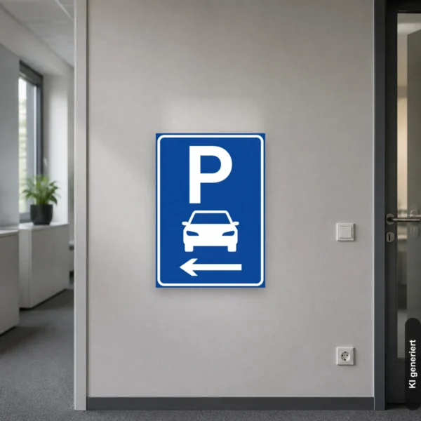 KI-generiertes Anwendungsbeispiel: Parkplatzschild mit Pfeil links am passenden Einsatzort mit gut sichtbarem Motiv und klarer Beschriftung.