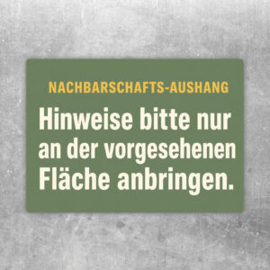 Nachbarschafts-Aushang Aufkleber im Querformat mit illustrierter Pinnwand und Hinweis zur vorgesehenen Aushangfläche.