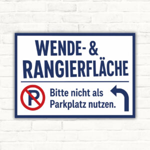 Querformatiges Schild „Wende- & Rangierfläche – Bitte nicht als Parkplatz nutzen“ mit Art-déco-Rahmen und Einfahrtgrafik.