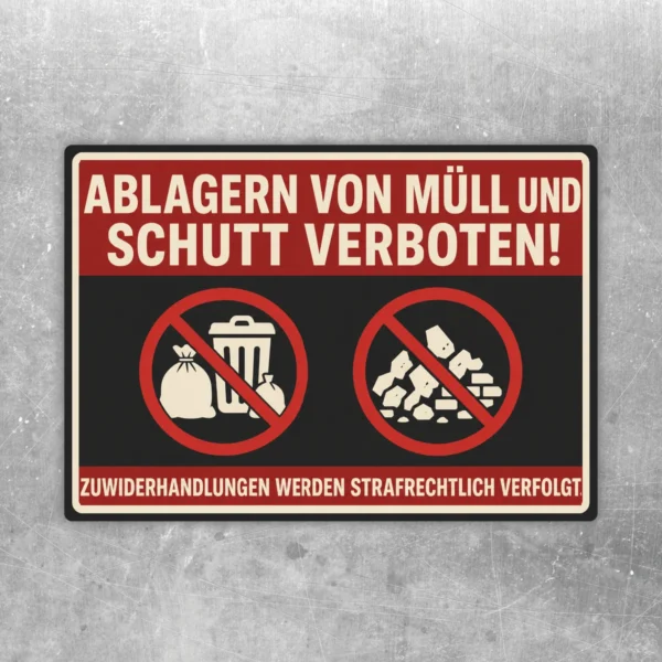Müll und Schutt abladen verboten Aufkleber in Rot-Schwarz mit Verbotssymbolen für klare Hinweise an Tor oder Zaun.