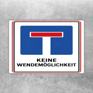 Verkehrszeichen Keine Wendemöglichkeit Aufkleber in Hochformat mit blauem Symbol und rotem Abschluss für Parkplätze und Zufahrten