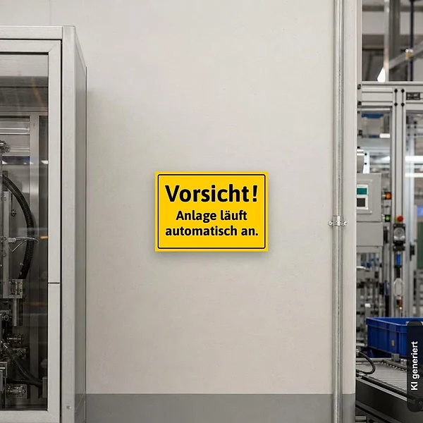 KI-generiertes Anwendungsbeispiel für Schild Vorsicht! Anlage läuft automatisch an.: Schild klein und realistisch am passenden Einsatzort dargestellt.
